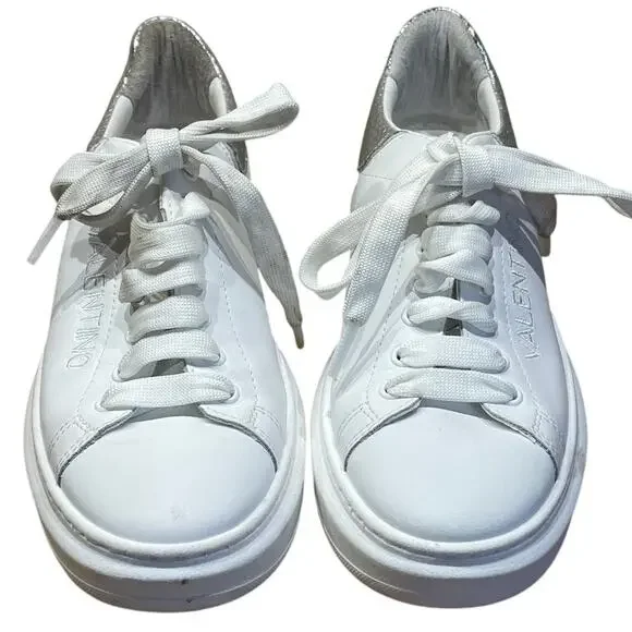 Valentino Garavani Leather Trainers White With Silver Snake Skin Women's 8.5 GUC